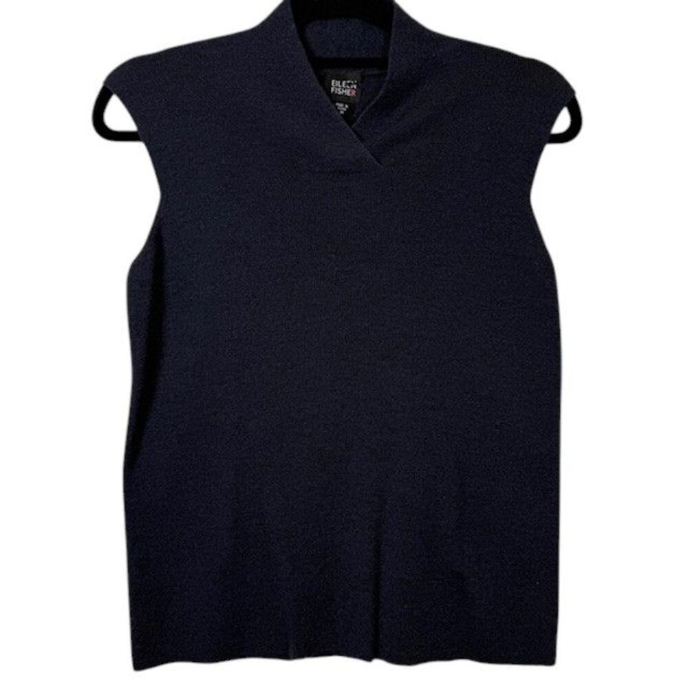 Eileen Fisher 100% Merino Wool Sleeveless Sweater Vest Marled Navy Blue Medium